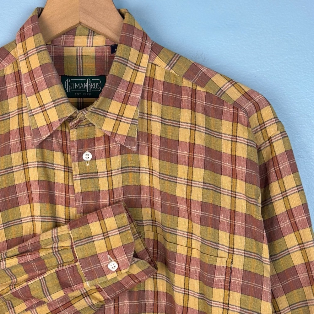 Gitman Bros Mens Medium Yellow Red Plaid Long Sleeve Button Up Lightweight Shirt